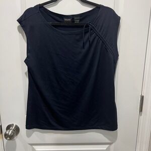 New York & Company Navy Blue Asymmetrical Tie Neck Sleeveless Stretch Top XL